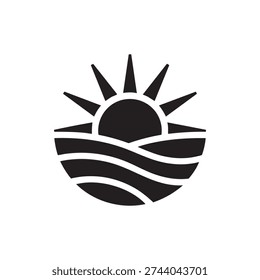 Stylized black vector graphic depicts a bright sun with radiating light emerging above layered curved shapes suggesting landscape or fertile cultivated earth for farming concepts.