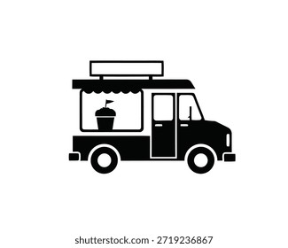 Icono de Vector negro estilizado de un food truck, perfecto para servir postres congelados refrescantes y bebidas frías. Representa una práctica cultura de comida callejera y golosinas para llevar