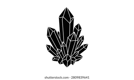 A stylized black vector illustration of a cluster of sharp, geometric crystals, resembling a fantasy gemstone or mineral formation on a white background.