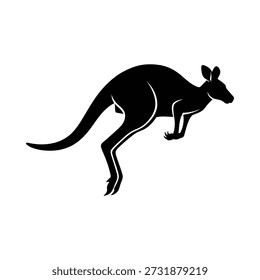 Stylized black vector illustration of a kangaroo in mid-jump, capturing the essence of movement and agility. Perfect for design projects, logos, and branding.