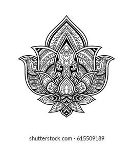 stylized black Vector ornamental Lotus oriental zen tangle design, ethnic henna tattoo sketch in doodles