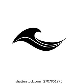 Un diseño de onda negro estilizado con acentos blancos, sobre un fondo blanco limpio, evoca una sensación de fluidez y movimiento.