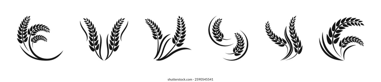 Stylized Black Wheat Ears Vector Icons Set