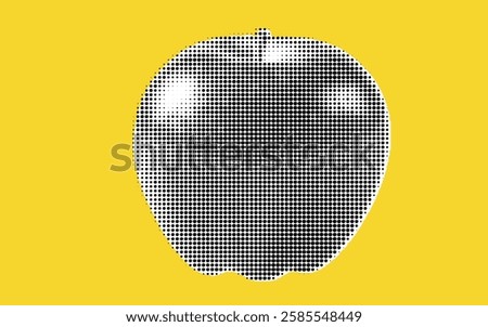 A stylized black and white apple illustration on a vibrant yellow background, created using a dot pattern for a modern graphic effect.