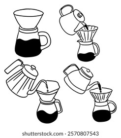 Stylized black and white art showing a teapot pouring freshly brewed coffee into a serving glass. Great for handmade-inspired or clean design concepts