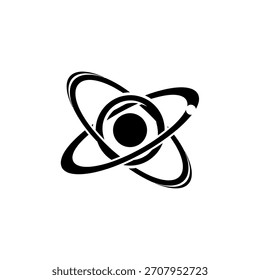 Un símbolo atómico estilizado en blanco y negro con un núcleo central y electrones orbitando a su alrededor, transmitiendo ciencia y tecnología.