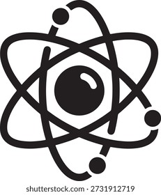 Icono de modelo atómico estilizado en blanco y negro que representa la ciencia y las partículas fundamentales aisladas sobre fondo blanco, ilustración