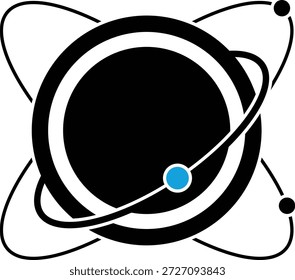 a stylized black and white atomic or planetary icon