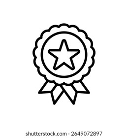 Emblema estilizado de prêmio em preto e branco com uma estrela dentro de uma forma redonda recortada e fitas abaixo, apresentado como uma ilustração vetorial limpa, adequado para prêmios e gráficos de reconhecimento.