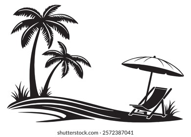 Stylized black and white beach scene with palm trees and beach chair.