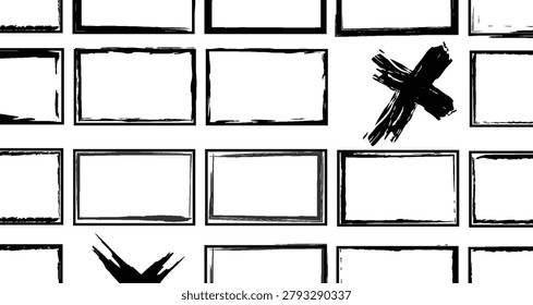 Stylized black and white bird illustrations positioned on a grid background, emphasizing artistic design and minimalistic style.