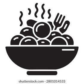 A stylized black and white a bowl filled with round food possibly potatoes or meatballs, with wisps of steam rising from the A fork is positioned to the right of the bowl, suggesting a meal is ready to be eaten. The is clean and minimalist, menus, recipe cards, or food-related applications. The overall impression is one of a warm, hearty dish.