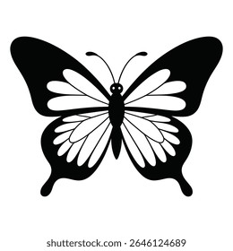 A stylized black and white butterfly illustration features a simple design with bold lines and contrasting colors creating a clean and elegant aesthetic.