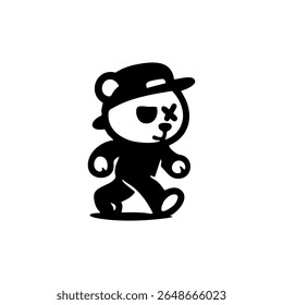 A stylized black and white cartoon bear wearing a cap, with a single eye patch