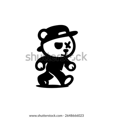 A stylized black and white cartoon bear wearing a cap, with a single eye patch