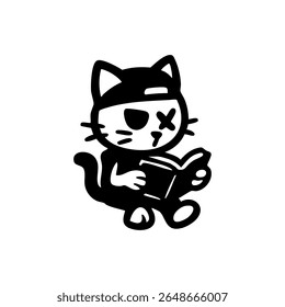 A stylized black and white cartoon cat wearing a cap, holding a book, with a single eye patch