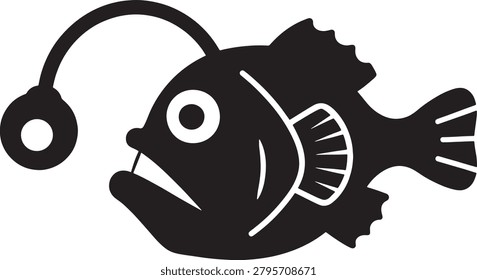 A stylized black and white cartoon fish illustration with a fishing lure hook attached to its mouth, giving a playful and whimsical vibe.