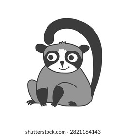A stylized black and white cartoon illustration of a friendly lemur sitting down, featuring a distinctive tail arching over its head.