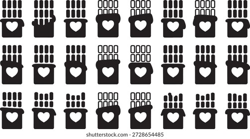Stylized black and white chocolate bar icons showcasing various segmented designs and prominent heart symbols repeat across this fun graphic pattern ideal for romantic holidays.