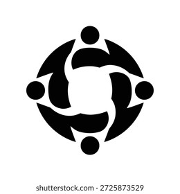 A stylized black and white circular emblem featuring four abstract human-like figures.