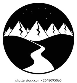 Stylized black and white circular mountain landscape with a winding path under a starry night sky
