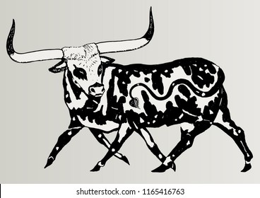 Stylized black and white colored bull with six legs. Hand drawn vector illustration.