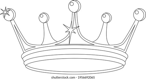 Stylized black and white crown. Black lines, contour style. Illustration can be used for coloring books.