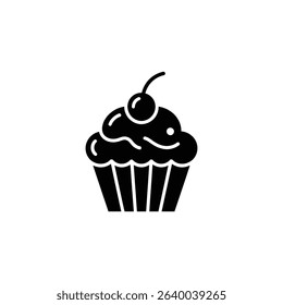 A stylized black and white cupcake icon features frosting and a cherry on top. Perfect for websites, graphic design, or illustrations. 158 characters.