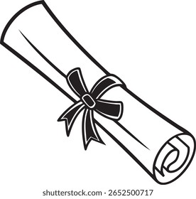 Stylized black and white diploma scroll with ribbon isolated on white background	
