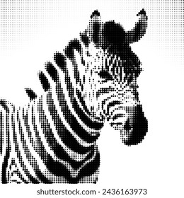 Stylized black and white dot matrix zebra portrait