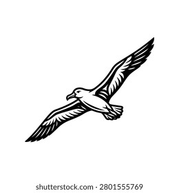 A stylized black and white drawing of an albatross in flight with wings spread wide.