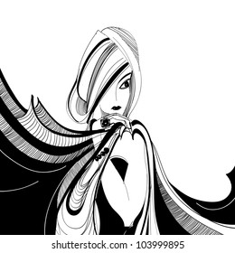 Stylized black and white drawing of beautiful girl with scarf fluttering like wings