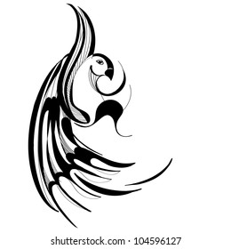 stylized black and white drawing of bird with abstract wings