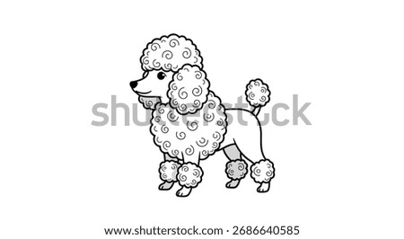 A stylized black and white drawing of a poodle standing alert.