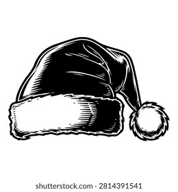 Stylized black and white drawing of a Santa hat with a fluffy pom-pom, symbolizing Christmas and holiday festivities.