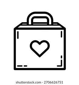 El estilizado dibujo en blanco y negro muestra una bolsa de regalo con asa, forma rectangular y diseño de corazón simple. El bolso está delineado con gruesas líneas negras.