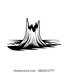 A stylized black and white drawing of a tree stump emerging from water, with a rough, jagged top.