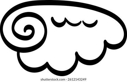 Stylized black and white drawing of a wing with curved lines symbolizing feathers.