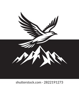 Stylized Black and White Eagle Flying Over Mountain Peaks Graphi