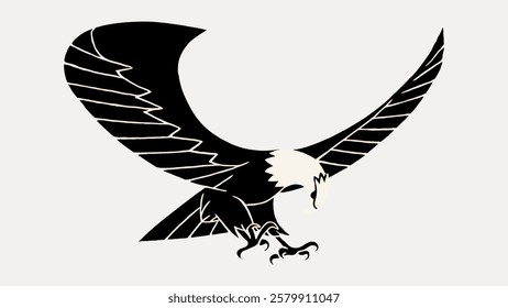 Stylized black and white eagle illustration with outstretched wings, showcasing dynamic lines and bold contrast. Eagle design emphasizes strength and freedom. Vintage bird illustration vector.