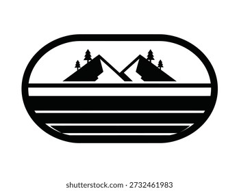Stylized black and white emblem featuring mountain peaks and pine trees within an oval frame