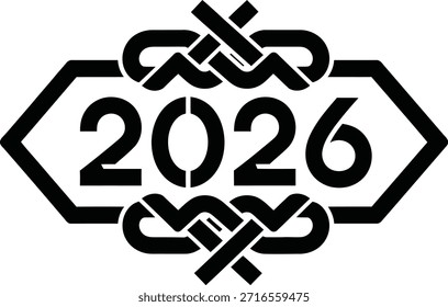 Stilisiertes schwarz-weißes Emblem für das Jahr 2026 mit sechseckiger Umrandung und komplexen verflochtenen Knoten-Designs, präsentiert in einem sauberen, grafischen Vektorstil.