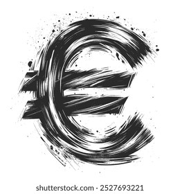 A stylized black and white Euro sign, rendered in a bold, abstract brushstroke style.