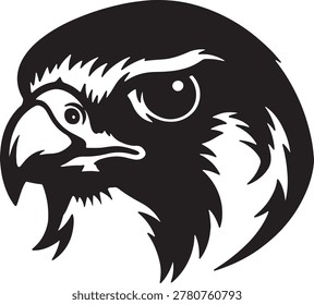 Stylized black and white falcon head profile, fierce expression, vector art.