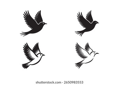 Stylized black and white flying bird silhouettes on a white background
