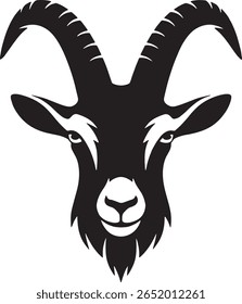 Stylized black and white goat head with large, curved horns.