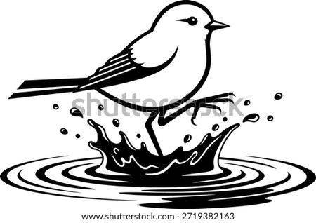 A stylized black and white graphic of a bird with its feet in a splashing water puddle. Ripples emanate from the splash.