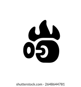 Stylized black and white graphic of a chicken's head and neck, with flame-like shapes