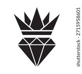 A stylized black and white graphic of a crown over a diamond shape