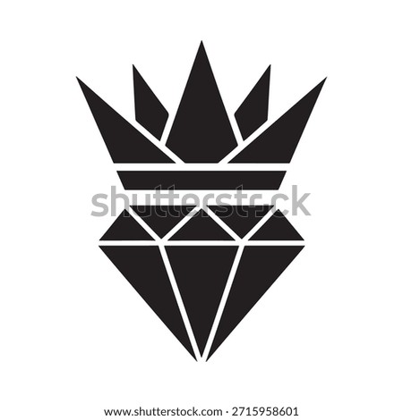A stylized black and white graphic of a crown over a diamond shape